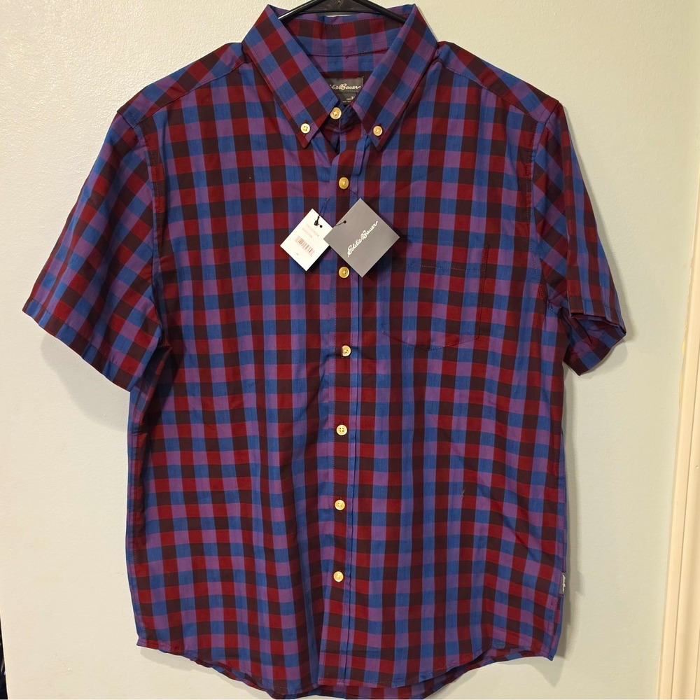 Eddie Bauer Men's Woven Cotton/Poly SS Plaid Button-Up M Red/Blue/Purple #402
